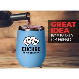 Flairy Land Euchre Blue Wine Tumbler 12oz - Euchre is my therapy - Euchre Card Game Set Euchre Score Keepers Euchre Gifts Euchre Party Supplies