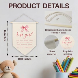 Inspirational Canvas Hanging Pennant Flag, Our Girl - Hanging Banner Wall Sign Decor Gifts, Pink Bow Nursery Bedroom Decor, Birthday Christmas Wall Art Decoration Gifts For Baby Kids Girls, 19