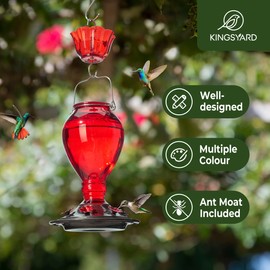 Kingsyard Glass Hummingbird Feeder - 6 Bee Guard Feeding Ports & Ant Moat, 24 oz Leak Proof, Wild Bird Feeder for Outdoors Hanging, Easy to Clean & Refill, Garden Yard Decor, Red