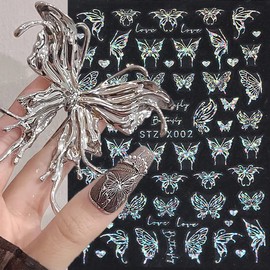 8 Sheets Butterfly Nail Art Stickers Horror Snake Nail Decals 3D Self-Adhesive Punk Aurora Silver Black Butterfly Nail Stickers Star Sun Moon Stickers for Nails Nail Accessories for Women DIY