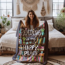 Reading is My Happy Place Blanket - Cozy Bookshelf Throw for Book Lovers - Vibrant and Artistic Library Design - Perfect Snuggle Companion for Quiet Reading Days - Great Gift for Avid Readers