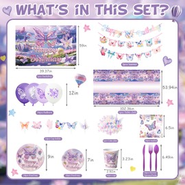 172 PCS Butterfly Birthday Party Supplies,Purple Butterfly Birthday Decorations,Butterfly Party Plates, Cups,Butterfly Party Decorations，Butterfly Themed Parties Serves 24 (purple)