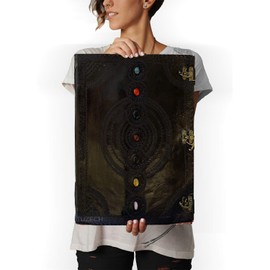 TUZECH Seven Chakra Medieval Stone Embossed Handmade Jumbo Leather Journal Book of Shadows Notebook Office Diary College Poetry Sketch (Black, 22 Inches)