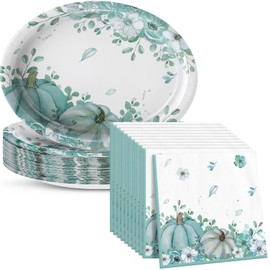 Maxdot 100 Pcs Fall Plates and Napkins Watercolor Pumpkin Floral Disposable Oval Plates Autumn Paper Dinnerware Set for Fall Harvest Family Thanksgiving Party Decorations Supplies, Serves 50