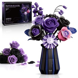 Purple Black Roses Flowers Bouquet Building Set, Botanical Collection Blocks Artificial Flowers Plant for Adults Women Girlfriend - Gifts for Valentines Birthday Christmas- Gothic Home Decor