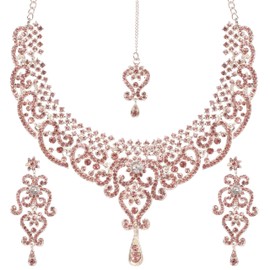 New! Touchstone Indian Bollywood Princess Diana Studded Diamond Look White Rhinestone Pink Color Faux Rose Quartz Designer Jewelry Necklace Mangtika Set In Silver Tone For Women.