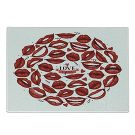 Ambesonne Kissing Cutting Board, Valentine Themed Multitude Smiling Sending Kisses Reddish Lips in Circular Form, Decorative Tempered Glass Cutting and Serving Board, Small Size, Ruby and White