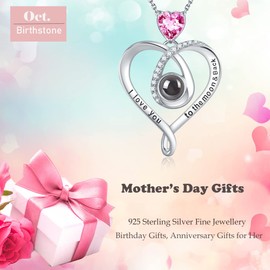 GinoMay Birthday Gifts for Women, Heart Necklace, I Love You 100 Languages, Garnet Amethyst Aquamarine Emerald Blue Sapphire Peridot Pink Stone Jewellery, January February Birthstones, 925 Silver, Stone Metal, Tourmaline