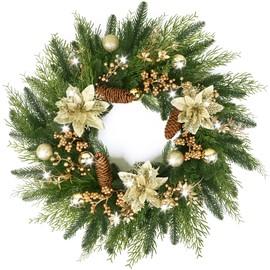 24” Christmas Wreaths for Front Door, Christmas Wreath with Lights Gold Flower Berry Leaves Ball, Glittering Wreath Decor Home Christmas New Year Gift