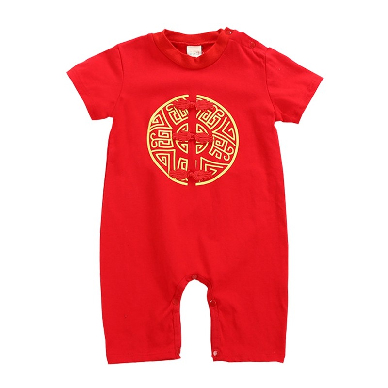 Chinese Style Infant Short Sleeve Embroidery Jumpsuit Cotton Breathable Baby