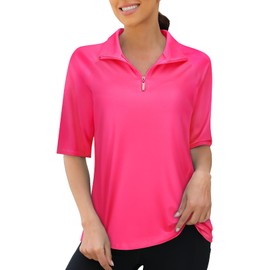 Viracy Golf Tops for Women, Loose Fit Golf Shirts Elbow Sleeve 1/4 Zip Up Golf Tops Quick Dry Lightweight Moisture Wicking Sports Activewear Clothing,2XL Hot Pink