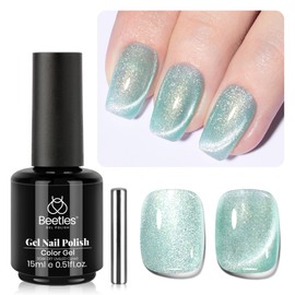 Beetles Cat Eye Gel Nail Polish, 15ML Mint Green Cat Eye Holographic Glitter Gel Polish with Magnet Soak Off UV Shimmer Velvet Gel Mint Stardust Series French Nail Art Design Manicure Gifts for Women