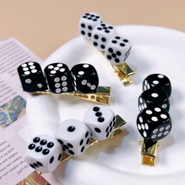 TUCEWP 4Pcs Dice Hair Clips for Women Girls Funny Resin Dice Cube Hair Pins Goth Punk Black White Dice Hair Barrette Nonslip Metal Alligator Clips for Long Thick Hair Trendy Lovely Hair Accessories