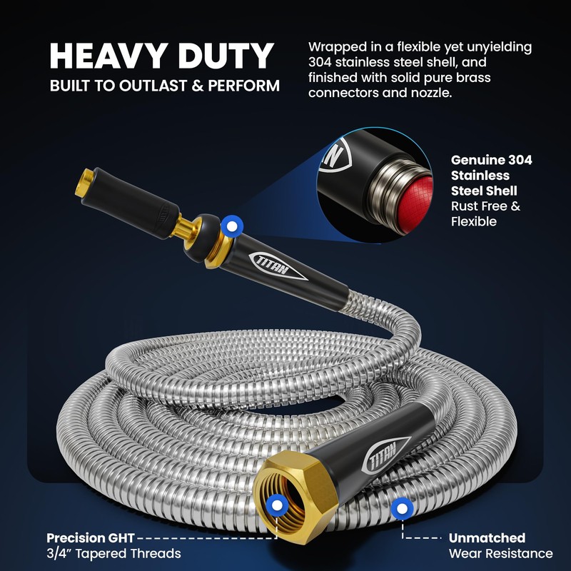 TITAN Garden Hose 100FT - 304 Stainless Steel Metal Water