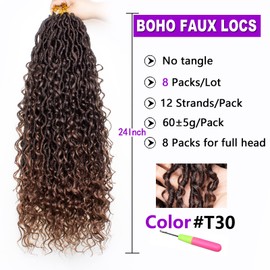 ZRQ 8 Packs Ombre Goddess Locs Crochet Hair 24 Inch Boho Faux Locs Croceht Braids, Ombre Boho Locs Pre Looped Bohemian Locs Crochet Soft Locs With Curly Ends Hair Extension T30#