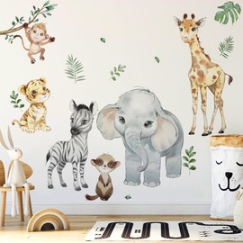 Runtoo Safari Animals Wall Decals Elephant Giraffe Monkey Jungle Wall Stickers for Kids Room Baby Nursery Wall Decor