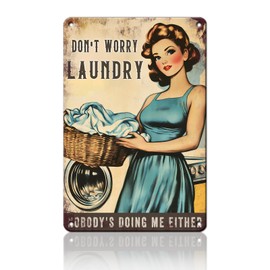 PEACHGARDEN Don't Worry Laundry Vintage Tin Sig Funny Sarcastic Retro Housewife Design Metal Tin 1950s Mom Laundry Sign Laundry Room Wall Decor for Home 8x12inch