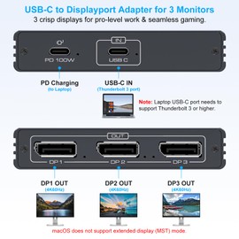 USB C to Display Port Splitter 3 Monitors with 100W PD Port 4K60HZ/4K120Hz(2DP Ports) USBC to DisplayPort Splitter 1 in 3 Out MST HUB Supports Extended(Windows) and Mirrored Displays