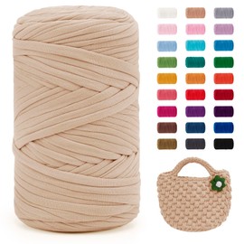 JeogYong T-Shirt Yarn, 400g/131 Yards Elastic Fabric Crochet Cloth T Shirt Yarn, Thick Hand Knitting Yarn for Crocheting Bags/Baskets/Rugs, Home Decor, DIY Crafts (Khaki)
