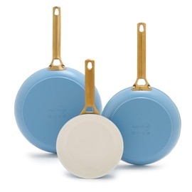 GreenPan Reserve Hard Anodized Healthy Ceramic Nonstick 8" 10" & 12" 3 Piece Frying Pan Skillet Set, Gold Handle, PFAS-Free, Dishwasher Safe, Oven Safe, Sky Blue