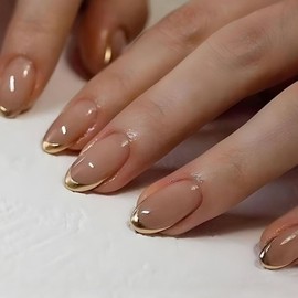 Press on Nails Short Oval Fake Nails Golden French Tip Nails Press ons Glossy Glue on Nails Nude Acrylic Nails Daily Wear Simple False Nails Fall Stick on Nails for Women 24Pcs