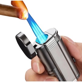 NIVEK Cigar Lighter, Triple Jet Flame Butane Torch Lighters, Refillable Butane Gas Lighter Windproof Adjustable 3 Flame Lighter Black Chrome, Blue Flame
