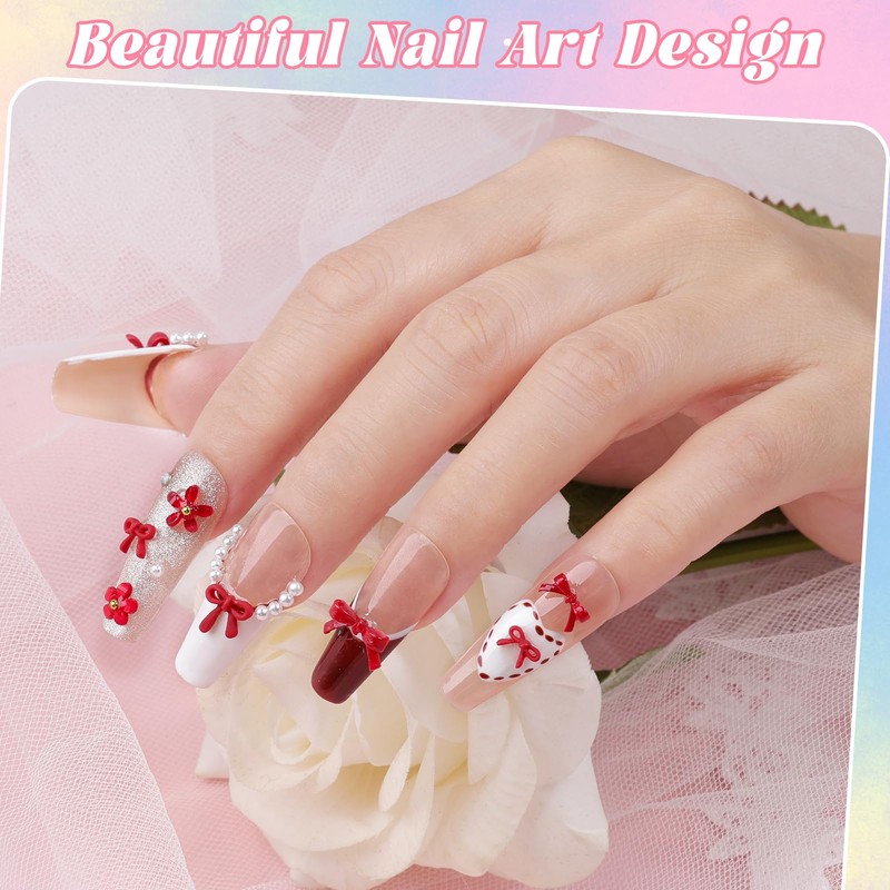 2 Boxes 3D Bow Nail Charms, Red Mini Bow Charms