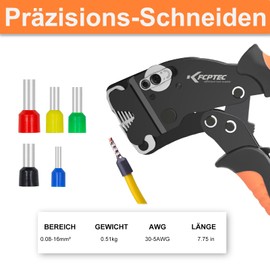 KF CPTEC Self-adjusting wire end ferrule pliers, 0.08-16 mm², square crimping tool for wire end ferrules, AWG 30-5, wire crimping tool for end ferrules
