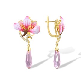 Santuzza 925 Sterling Silver Orchid Earrings Pink Glass Cubic Zirconia Handmade Enamel Pink Flower Dangle Earrings for Women