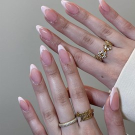 Pink French Tip Press on Nails Medium Length Fake Nails Full Cover Almond Shaped False Nails with Classic French Design Glossy Reusable Natural Nude Glue on Nails for Women Girls Manicure Decor