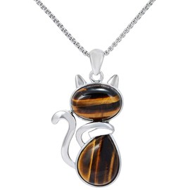 mookaitedecor Tiger’s Eye Crystal Cat Pendant Necklace Women Men, Semi Precious Stone Healing Crystal Necklace Animal Kitty Kitten Jewellery Gift for Cat Lovers Mum Daughter Girl Reiki Chakra Amulet