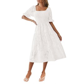 MEROKEETY Womens 2025 Summer Short Puff Sleeve Smocked Square Neck Floral Textured Tiered Midi Dress,White,S