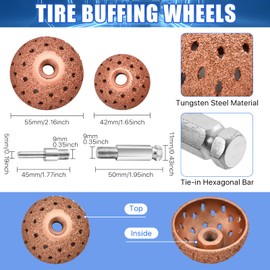 Supkiir Tire Repair Patch Kit Tire Buffing Wheel, 42 mm 55mm Tungsten Steel Buffing Wheel and 6mm Tire Patch Roller with Scraping Cutter for Car Bicycle Truck Tire Grinding Polishing Accessories Kit