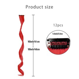 Pack of 12 Coloured Hair Extensions, 50 cm Curly Wavy Synthetic Hairpieces, Hair Strands for Clip-in, Coloured Clip-In Hair Extensions for Party, Highlight Hair Accessories (Red)