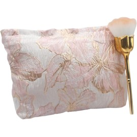 Nohari Kit Regalo - Cosmetiquera Floral + Brocha en Forma de Rosa Dorada - Set Maquillaje Aesthetic, Bolsa Organizadora Viaje, Regalo para Mujer, Cumpleaños