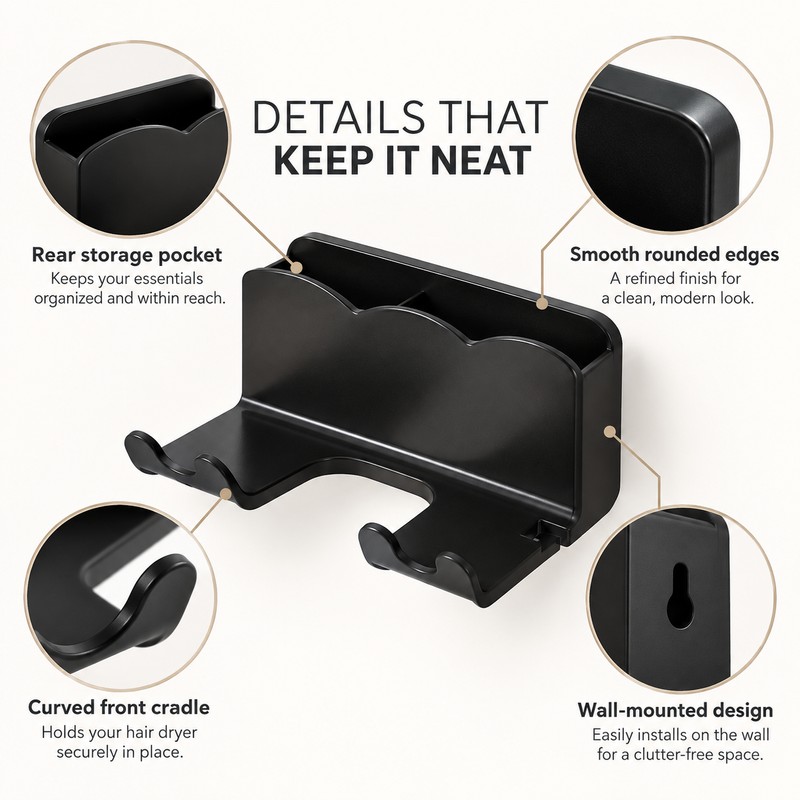 Wall-Mounted Hair Dryer Holder for Bathroom Storage – No-Drill Organizer