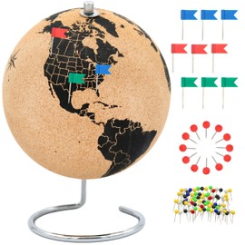 Vaudagio Beautiful Cork Globe with 102 Different Push Pins - Spinning Travel Globe 26cm / 10 inch High with Push Pin Made of Cork – as Travel Map & Gift Idea for Globetrotters