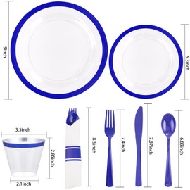 Liacere 350PCS Blue Plastic Plates - Clear with Blue Trim for 50Guests Dinnerware Include 100 Clear Plates disposable 150 Silverware 50Napkins for Wedding＆Mother's Day＆Independence＆Graduation