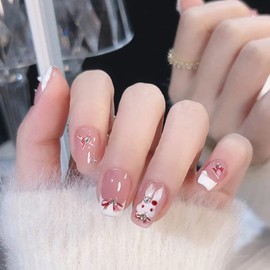 Easter Press on Nails Short Square Fake Nails, French Tip Press on Nails Pink with Cute Rabbit Design Easter Acrylic Nails Full Cover False Nails Easter Nail Art Decoration for Women 24Pcs