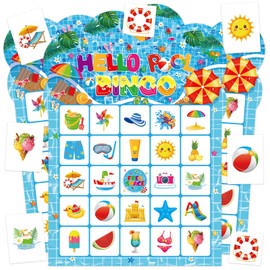 Leezead Pool Party Bingo Games for Kids Adults, 24 Players Summer Bingo Game Cards for School Classroom Family Activities Hawaiian Tropical Party Favors Supplies