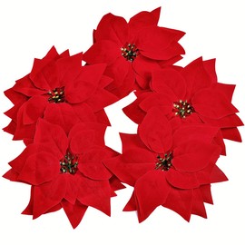 Roqueen 15 Pieces 22CM Christmas Flowers Artificial Poinsettia Flowers Xmas Tree Ornaments with Clips Stems for Wreath Party Wedding New Year Decoration (Red)