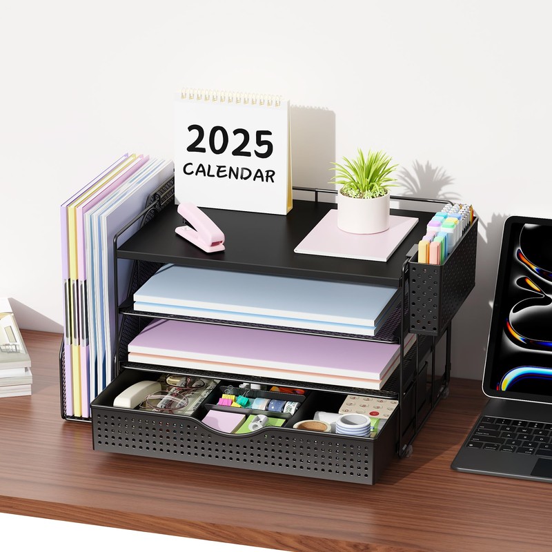 gianotter Wood Desk Organizers and Accessories with File Holder, 4-Tier