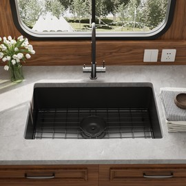 RV Kitchen Sink, 27 Inch Black Undermount Sink 18 Gauge Stainless Steel Single Bowl Sink with Sink Strainer, Sink Bottom Grid