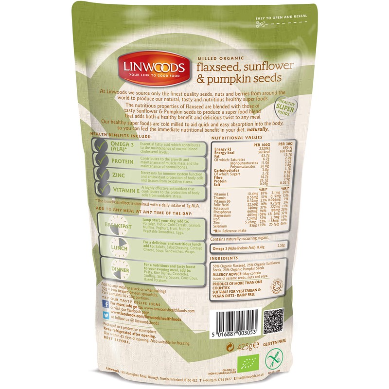 Linwoods Milled Organic Flaxseed Sunflower and Pumpkin Seeds, 425 g
