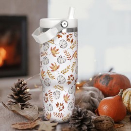 Fall Tumbler with Lid and Straw 30oz,White Pumpkin Maple Leaf Vacuum Autumn Insulated Leak Proof Tumbler,Farmhouse Gift Cute Women Kids Teen Girls,Thanksgiving Accessories Stainless Steel Coffee Cup