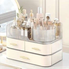 DASITON Makeup Organizer with Drawers and Rotating Makeup Brush Holder,Large Capacity Stackable Cosmetic Organizer Countertop,Bathroom Organizers and Storage,Make up Organizers for Vanity (Cream 03)