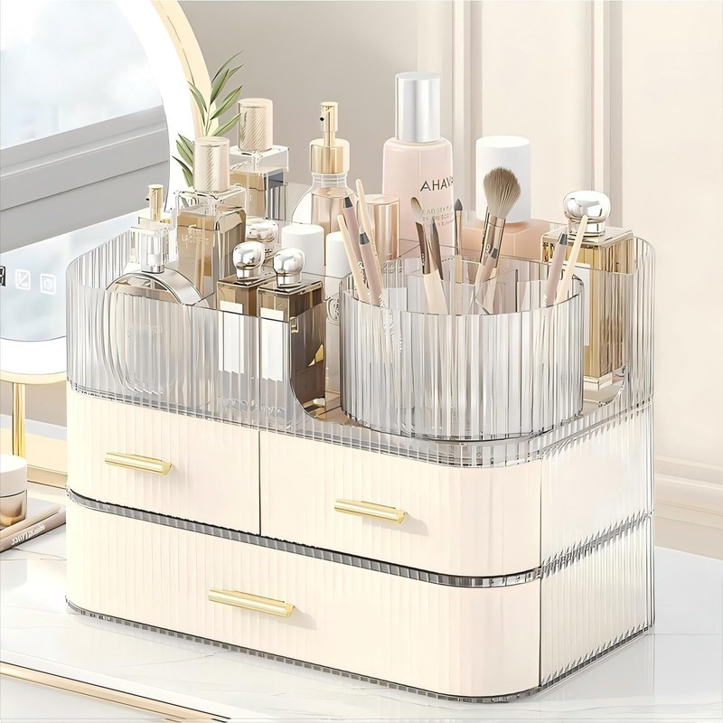 DASITON Makeup Organizer with Drawers and Rotating Makeup Brush Holder,Large
