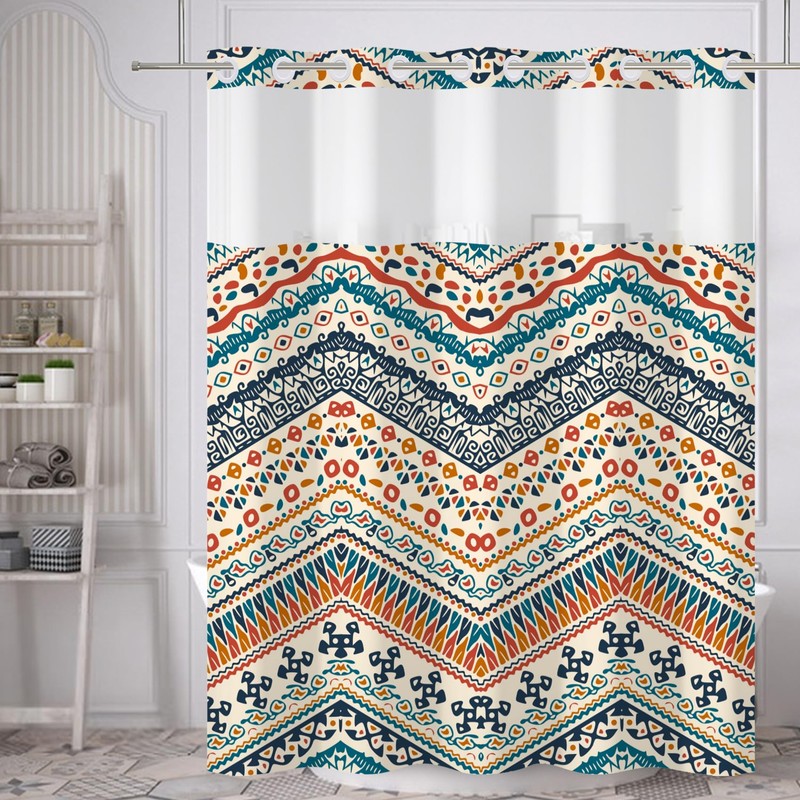 Yanutan No Hook Shower Curtain,Orange Bohemian Double-Layered Shower Curtain with