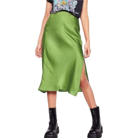 RSBFK Women's Satin High-Waist Elastic Midi Skirt Bodycon Slit Hem Silk A Line Maxi Skirts, Light Green, Large