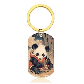 XIOUDO Ukiyo-e Panda Key Holder, Japanese Style Design, Includes Metal Key Ring, Gift Box Included, Fashionable Key Accessory, Lucky Charm, Japanese Souvenir, Gift, monochrome